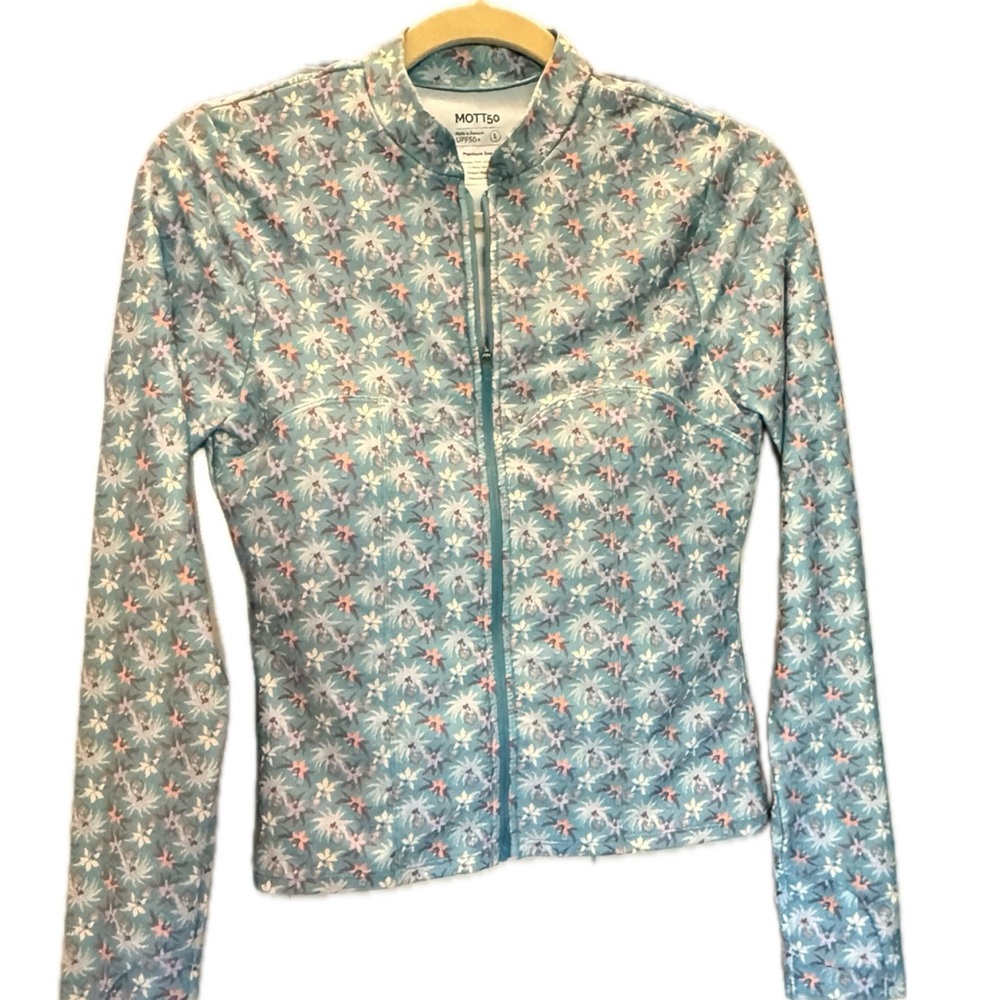Mott50 Light Blue Floral Zip UPF Jacket - long sleeve sun/swim shirt